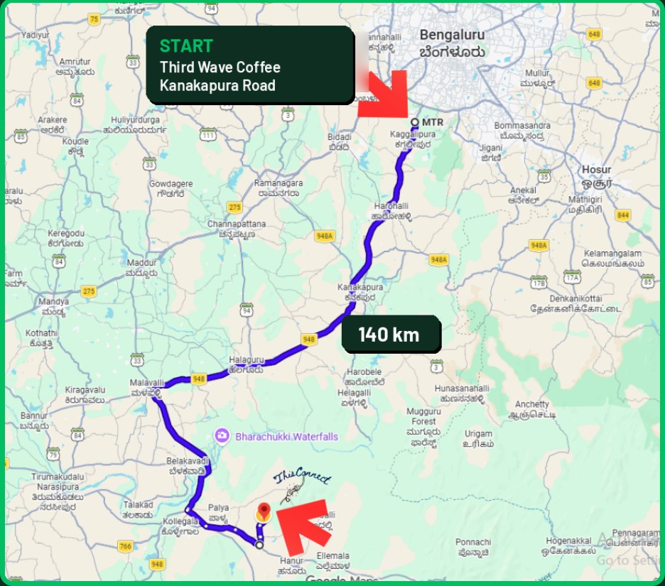 Route map from Third Wave Coffee on Kanakapura Road to Sunshine Acres, about 140 km